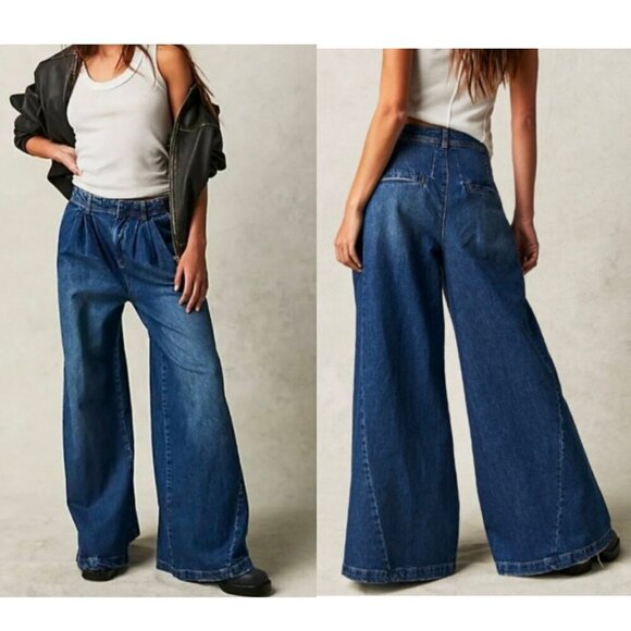 We The Free Denim - Free People We The Free Equinox Mid Rise Wide Leg Denim Trousers Size 28